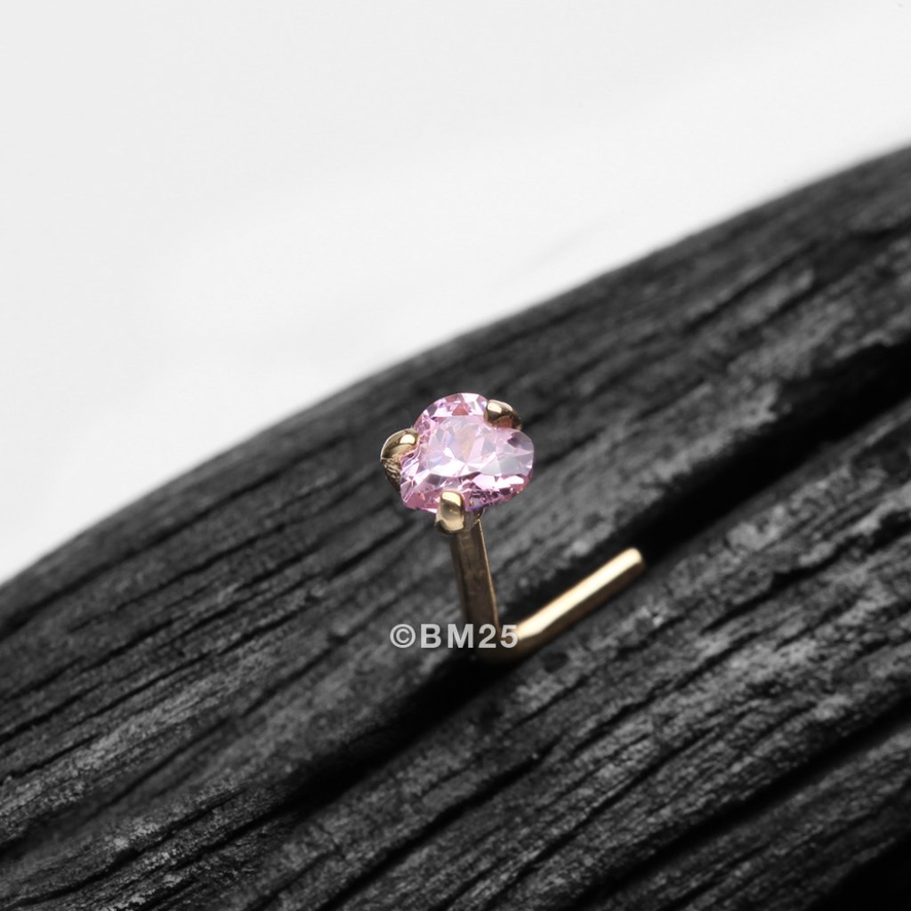 14 Karat Gold Prong Set Heart Sparkle L-Shaped Nose Ring - Pink Gem